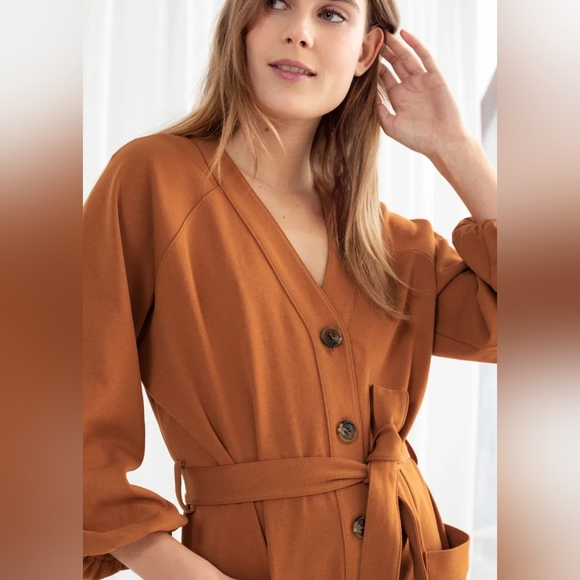 & Other Stories Belted Cotton Midi Dress Size 6 in Camel/Orange. - Picture 3 of 6